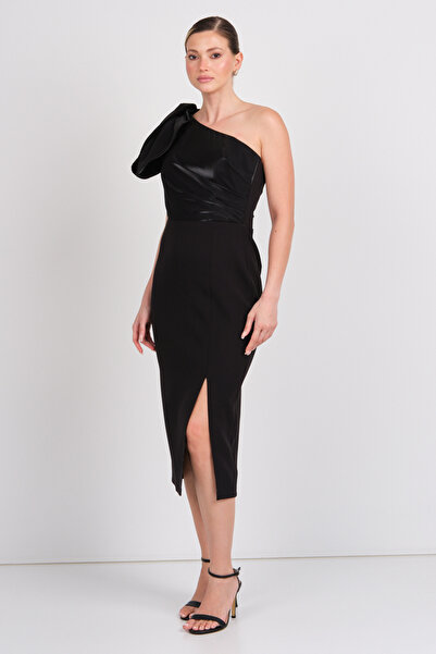 Balen Abiye Balen Kadın Tek Omuz Detaylı Yırtmaçlı Midi Abiye Elbise 5101 Siyah