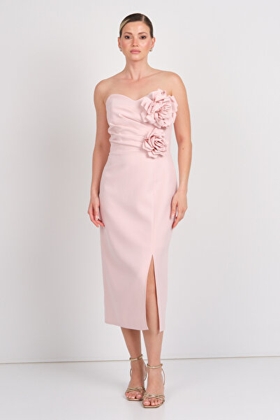 Balen Abiye Balen Kadın Straplez Krep Kumaş Gül Detaylı Midi Abiye Elbise 5103 Pudra