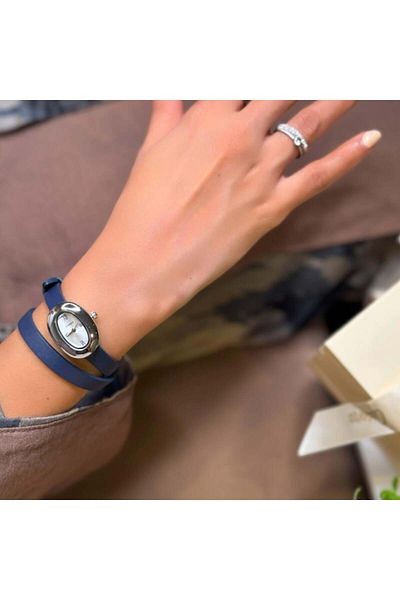 catera Caterra Women's Leather Watch, Navy Blue Strap, Silver Frame