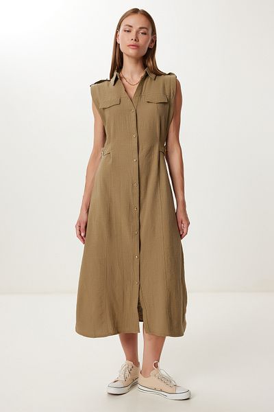 Lovelyİstanbul Belt Detailed Midi Linen Dress Ldp0069 Khaki