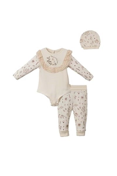 NECİXS BEBEE Lace Detail Long Sleeve Body Pants Hat Set Jumpsuit Ecru