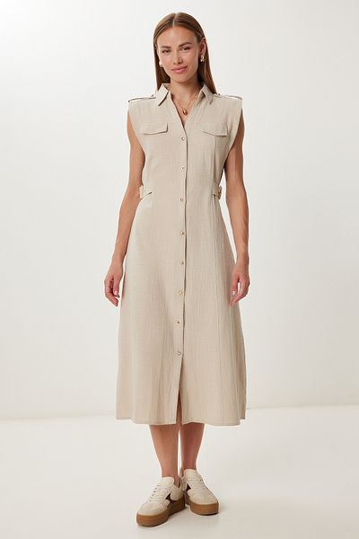 Lovelyİstanbul Belt Detailed Midi Linen Dress Ldp0069 Beige