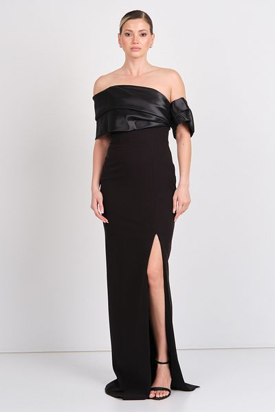 Dans Women's One Sleeve Detailed Strapless Maxi Evening Dress 1889 Black