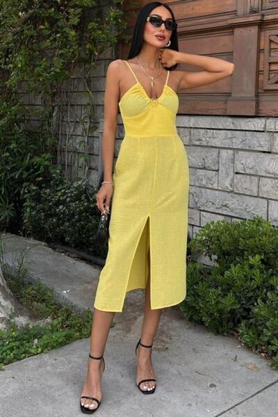 Genel Markalar Göğsü Aksesuarlı Önü Yırtmaçlı Elbise 2899