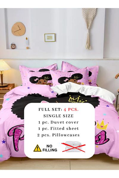 LUNA HOME Lunahome Single Size 4 Piece Duvet Cover Set In A Lovely Pink Color Featuring A Princess Design.
