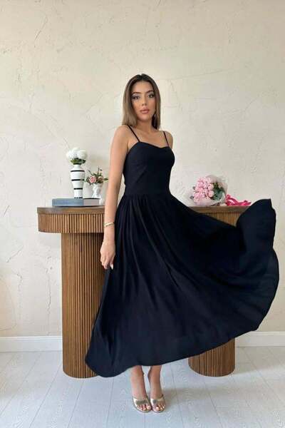 Genel Markalar Siyah Göğüs Kuplu Uzun Büzgülü Elbise