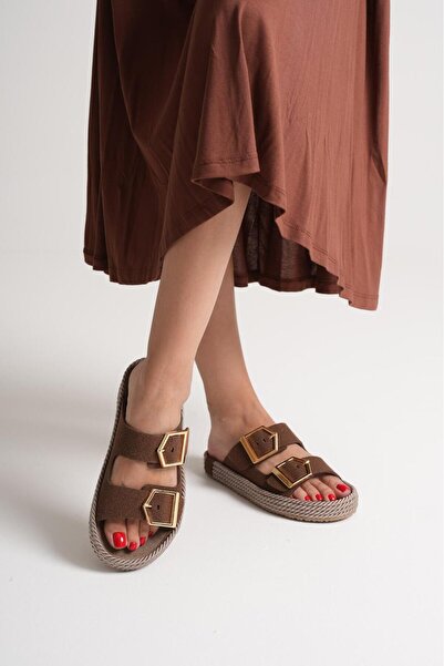 TOPUK Кафяви дамски пантофи от естествена кожа с въжена талия