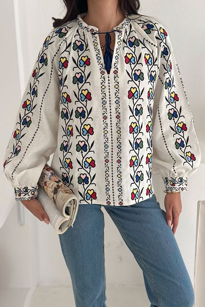 FEMELLE Bluză din bumbac brodat cu model etnic colorat cu ciucuri pentru femei