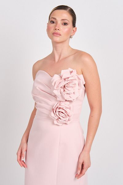 Balen Abiye Balen Women's Strapless Crepe Fabric Rose Detailed Midi Evening Dress 5103 Powder