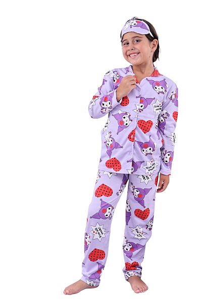 Beka Kids Girl's Front Buttoned Kuromi Patterned Pajama Set 100% Cotton Pajama Set and Eye Patch