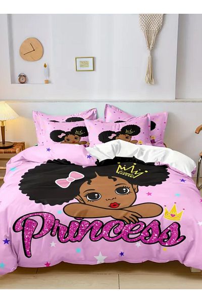 LUNA HOME Lunahome Single Size 4 Piece Duvet Cover Set In A Lovely Pink Color Featuring A Princess Design.