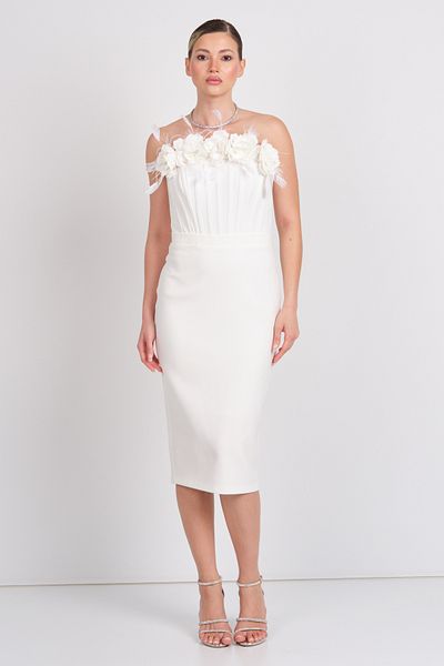 Balen Abiye Balen Women's Strapless and Floral Detailed Bodice Midi Evening Dress 5113 Ecru