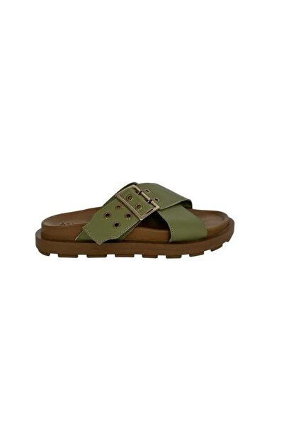 KEMAL TANCA 862 M-701 Women's Khaki Leather Slippers