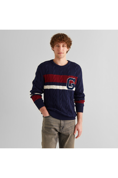 Gant Erkek Lacivert Relaxed Fit Bisiklet Yaka Renk Bloklu Kazak