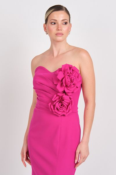 Balen Abiye Balen Women's Strapless Crepe Fabric Rose Detailed Midi Evening Dress 5103 Fuchsia