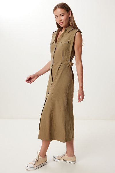 Lovelyİstanbul Belt Detailed Midi Linen Dress Ldp0069 Khaki