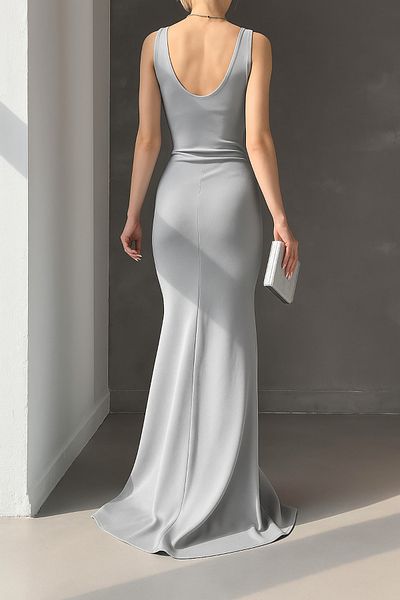 Deafox Gray Scuba Fabric Thick Strap Maxi Length Slit Detail Flounced Evening Dress