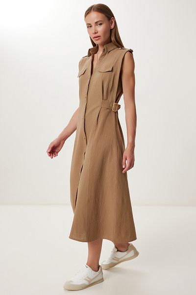 Lovelyİstanbul Belt Detailed Midi Linen Dress Ldp0069 Mink