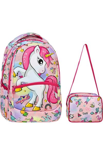 Çanta Limanı Pink Unicorn Patterned Girl's Primary School Backpack + Lunchbox (2307)
