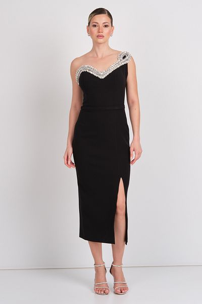 Balen Abiye Balen Women's Stone Embroidered One Shoulder Detailed Midi Evening Dress 5136 Black