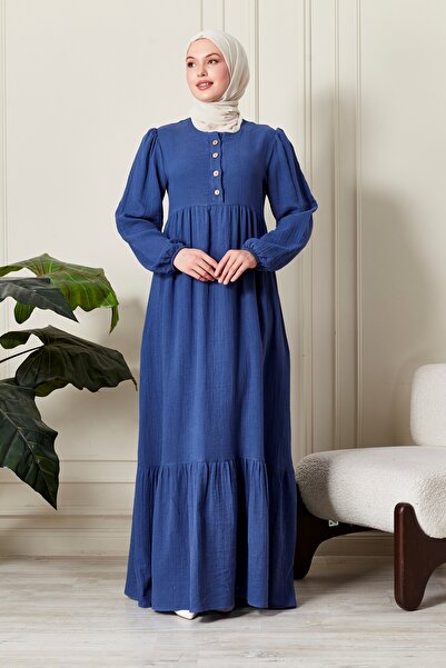 fistan Müslim Kumaş Pamuğa Pamuk Tesettür Elbise Namaz Elbisesi Önden Düğmeli...