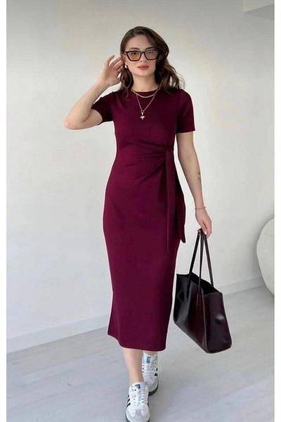 MEGOMEL Women's Plain Patternless Side Tie Detail Dress