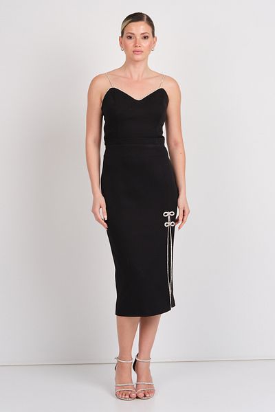 Balen Abiye Balen Women's Strap Crepe Fabric Midi Evening Dress 5102 Black