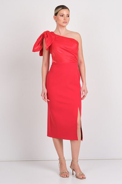 Balen Abiye Balen Women's One Shoulder Detailed Slit Midi Evening Dress 5101 Red