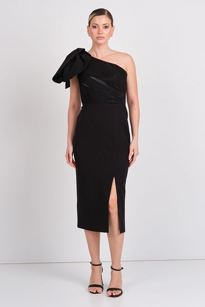 Balen Abiye Balen Women's One Shoulder Detailed Slit Midi Evening Dress 5101 Black