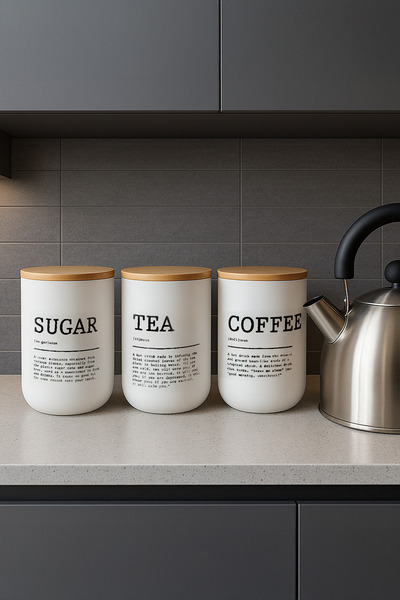 Kitchen Life Set of 3 Vacuum Bamboo Lid White Tea Coffee Sugar Jars 900 ml - Tea, Sugar, Coffee Jars