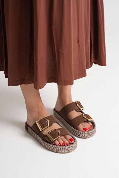 TOPUK Кафяви дамски пантофи от естествена кожа с въжена талия