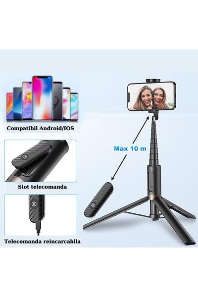 RaSteff Selfie stick, Ajustabil 30cm-150cm, Trepied, Bluetooth, Telecomanda detasabila, Telescopic, Negru
