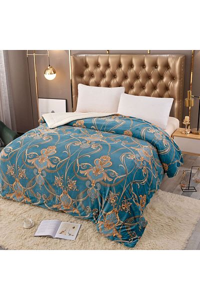 trendyhome Cocolino Fluffy Blanket, Baroque, Blue/Gold, 200x230, J14092
