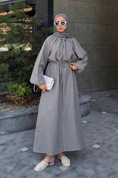 lamelif Balloon Sleeve Tie Hijab Dress Gray