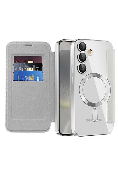 SKYDDAR INNOVATION Case for Samsung Galaxy S24, SmartMag Book, Magsafe, RFiD, Card Holder, sticker set, Gray