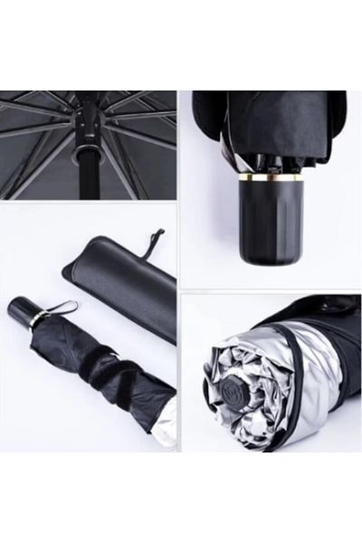 OEM Parasolar Auto Pliabil in Forma de Umbrela, Negru-Argintiu+Suport numar de telefon