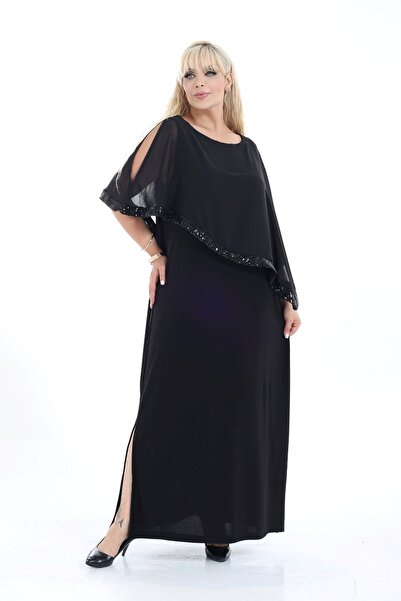 modayız Plus Size Black Chiffon Cape with Glitter Detail Evening Dress 45B-2694