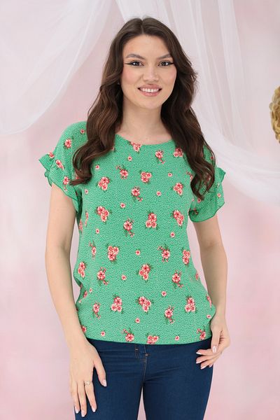 Vanessa Line RO Green casual blouse with coral floral print