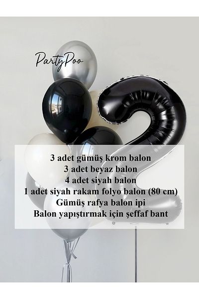 PartyPoo Black Number Foil Silver Metallic Balloon Set 10-Piece Birthday Balloon Set