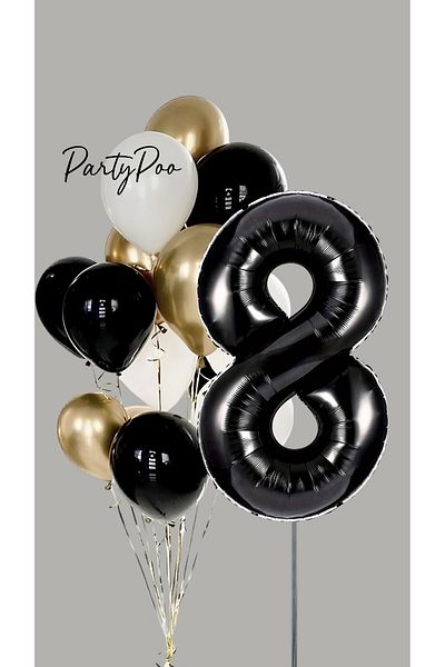 PartyPoo Black Number Foil Gold Metallic Balloon Set of 10 Birthday Balloon Set