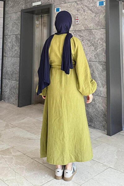 lamelif Μπαλόνι μανίκι δεμένο χιτζάμπ φόρεμα λαδιού πράσινο