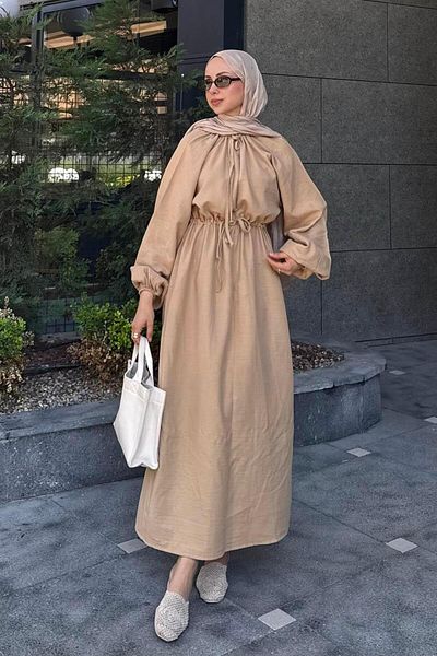 lamelif Μπαλόνι μανίκι δεμένο Hijab Φόρεμα Sand Beige