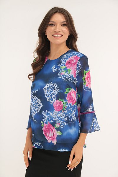 Vanessa Line RO Blue blouse with pink maxi flowers and ruffles on the sleeves