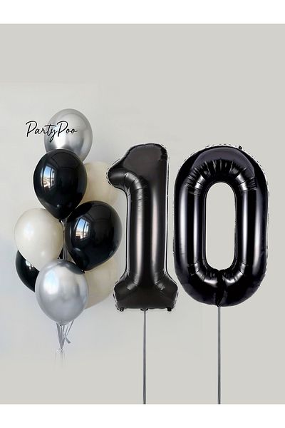 PartyPoo Black Number Foil Silver Metallic Balloon Set 10-Piece Birthday Balloon Set