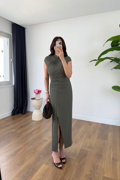 BİRCANÇİL Ferty Khaki Slit Detailed Drape Dress