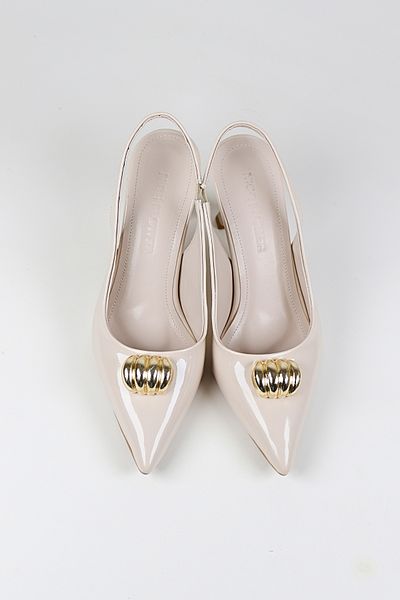 NiceDiffer Women's Beige Patent Leather Gold Buckle Detailed Stiletto Classic Comfortable Heeled Shoes 7cm