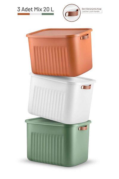 Bayev 3 Pieces 20 Lt Boxsis Mix Color Multi-Purpose Box with Lid - Closet Organizer - Hobby Box