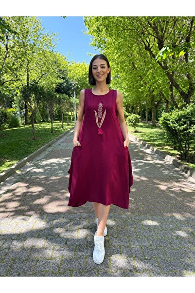 NUR TEKSTİL Kadın Bordo pamuklu viskon Nakış İşleme Detaylı Cepli Kolsuz etni...