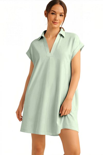 Modamorfo Shirt Collar Pocket Single Jersey Combed Cotton Dress -Çağla Y.