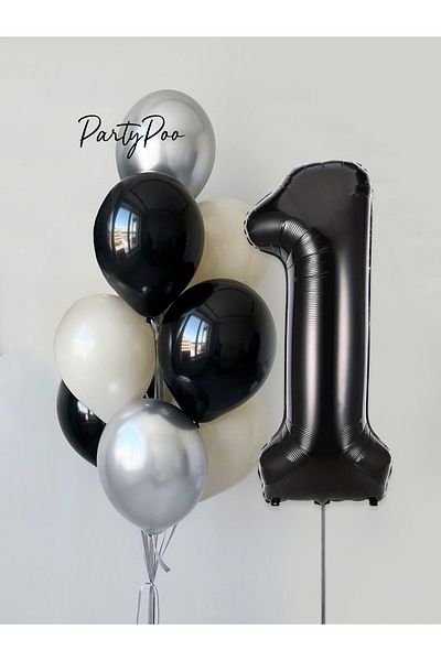 PartyPoo Black Number Foil Silver Metallic Balloon Set 10-Piece Birthday Balloon Set
